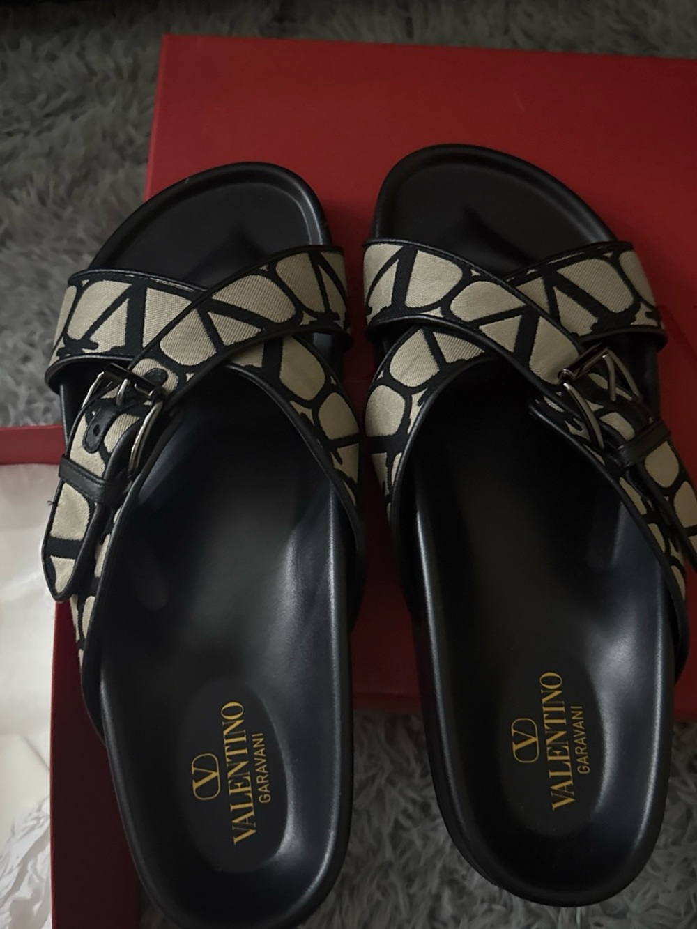 Valentino Garavani Black and Beige Logo Buckle Slide Sandals